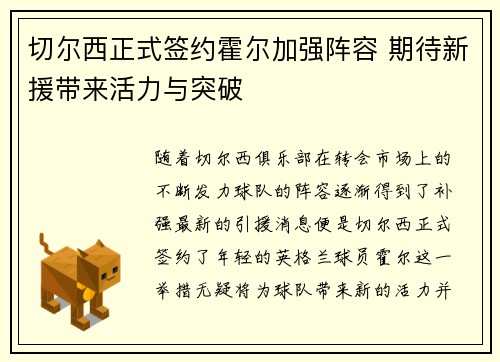 切尔西正式签约霍尔加强阵容 期待新援带来活力与突破